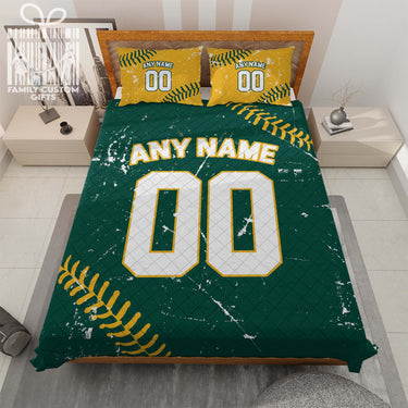 Custom Quilt Sets Oakland Jersey Personalized Baseball Premium Quilt Bedding for Men Women